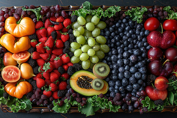 Naklejka na ściany i meble Autumn fruits and vegetables on wooden table. Beautiful fruits display. Created with Ai
