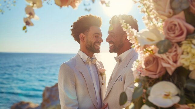 Handsome gay couple in a wedding ceremony at an outdoor location near the sea under a wedding flower arch. True LGBTQ relationship.