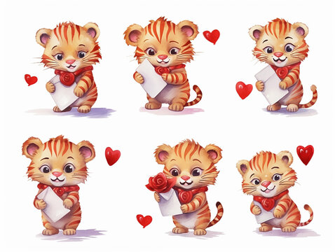 Cute tigers with hearts. Happy Valentine's Day. Illustrations for poster, postcards isolated on white background.