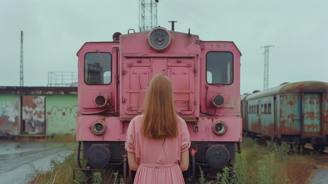 A contemplative woman stands facing a vintage pink locomotive against a backdrop of graffiti-laden railcars