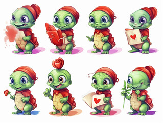 Cute turtles with hearts. Happy Valentine's Day. Illustrations for poster, postcards isolated on white background.