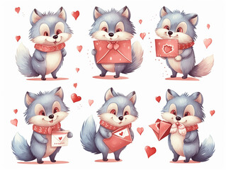 Fototapeta premium Cute racoon with hearts envelope. Happy Valentine's Day. Illustrations for poster, postcards isolated on white background.