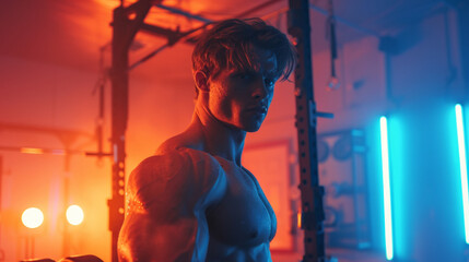 A dedicated bodybuilder trains in blue and red neon-lit gym with intense focus, showcasing strength and determination