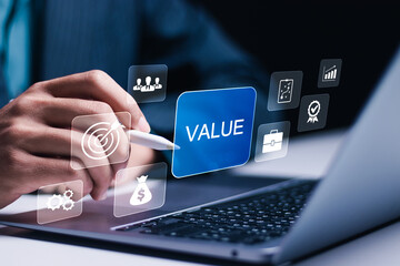 Value concept. increasing value added to business product and service. Businessman use laptop with value icon on virtual screen. - obrazy, fototapety, plakaty