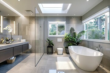 A Luxurious Escape Modern Bathroom Oasis Featuring Elegant Fixtures, Natural Light, and Serene Views of Lush Greenery