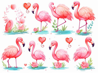 Obraz premium Watercolor valentines day love flamingo couple, hand drawn watercolor illustration for greeting card or invitation design