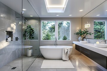 A Luxurious Escape Modern Bathroom Oasis Featuring Elegant Fixtures, Natural Light, and Serene Views of Lush Greenery