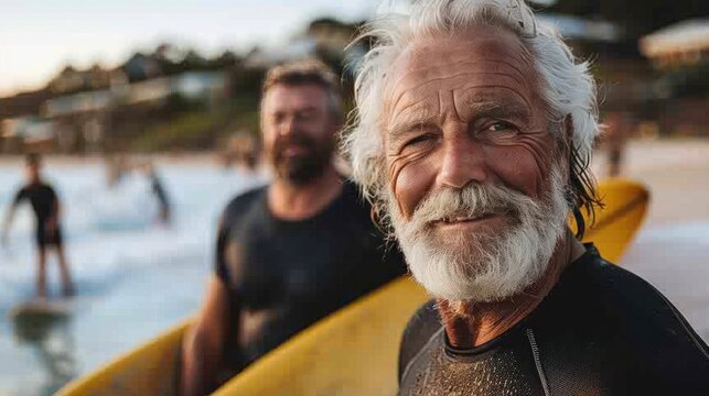 A grown man with a surfboard on the beautiful beach enjoying paradise and retirement lifestyle