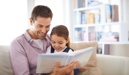 Father, kid and reading book for storytelling, happy with bonding at home and knowledge for...