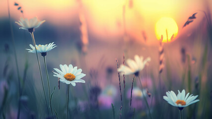 Daisies against a sunset, a perfect blend of natural splendor and AI Generative artistry. - obrazy, fototapety, plakaty