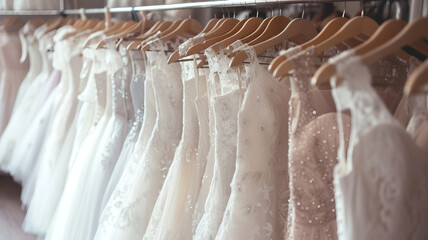 A serene array of wedding dresses in delicate fabrics. AI Generative.