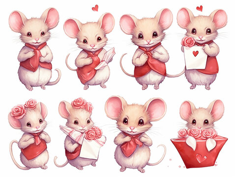 Watercolor valentines day love mouses couple, hand drawn watercolor illustration for greeting card or invitation design
