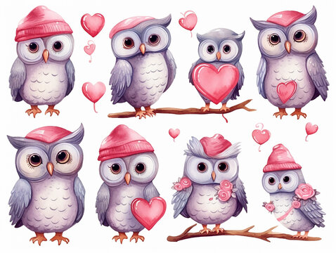Watercolor valentines day love owl couple, hand drawn watercolor illustration for greeting card or invitation design