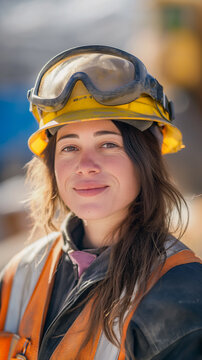 a hyper realistic shot of a Caucasian woman construction worker, dark hair, slightly smiling, real outdoor sunny day-time photography.
