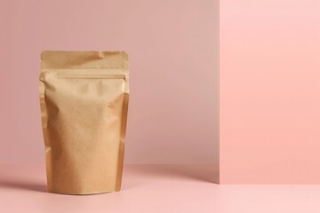 Stand-up kraft paper pouch suitable for food or product packaging, presented against a soft bright backdrop