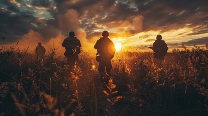 Military of soldiers walking on the war. - obrazy, fototapety, plakaty