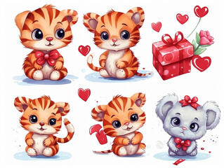 Cute tigers with hearts. Happy Valentine's Day. Illustrations for poster, postcards isolated on...