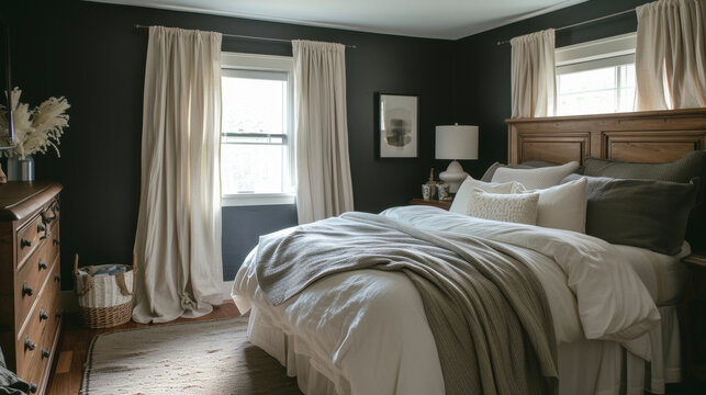 A dark and cluttered bedroom with mismatched furniture and outdated decor transformed into a serene and organized sanctuary. The DIY renovation includes a fresh coat of paint