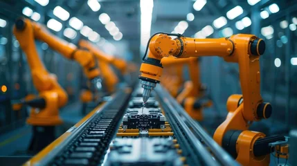Poster Orange industrial robot arm assembles EV battery packs on the automatic production line. Advanced robot arm in automotive factory assembles batteries © sirisakboakaew