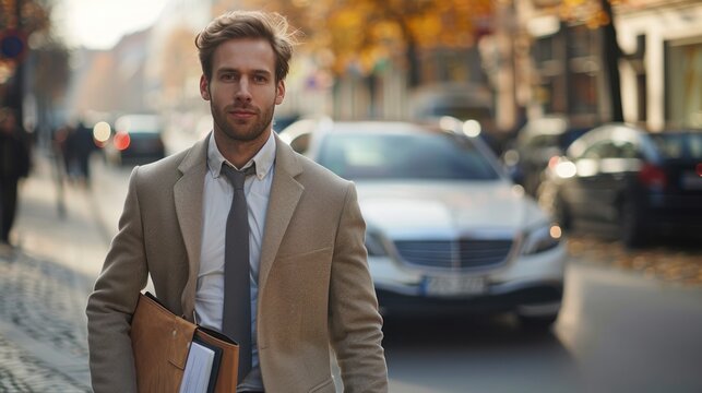 Modern young businessman holding document bag and going to his car while evincing confidence.