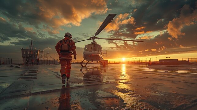 Doctors are running to the helicopter on the helipad. Rescue team, helicopter emergency medical service concept