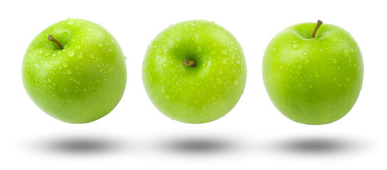 Flying green apple has water drop  collection and shadow isolated on white background.