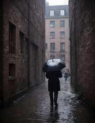 A person is strolling down an alleyway under the rainy sky, holding an umbrella to shield themselves from the water. The asphalt road glistens with water, reflecting the nearby buildings and windows