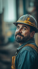 Fototapeta na wymiar portrait of a handsome scruffy looking male construction worker, dark hair, slightly smiling, beard, hard hat, outdoor sunny day-time photography.