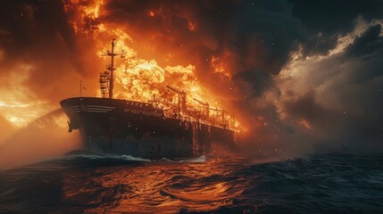 Ship fire. A large general cargo ship for logistics, import, export, and goods exploded and caused a large amount of fire and smoke at sea. - Powered by Adobe