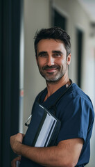 a hyper realistic portrait of a 40-YEAR-OLD man nurse in scrubs with dark hair, scruff, slightly smiling, blurry hospital background, and diffused light.