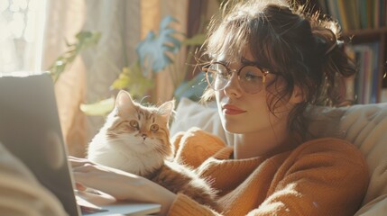 Freelance young woman in glasses working at home with laptop and cat. Remote work, shopping, education, work from home. - obrazy, fototapety, plakaty