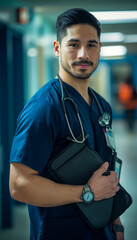 a hyper realistic portrait of a 40-YEAR-OLD man nurse in scrubs with dark hair, scruff, slightly smiling, blurry hospital background, and diffused light.