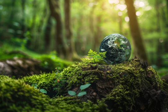 Green forest with the Earth global planet that tree growing from inside, healthy environment background, sustainable environment.