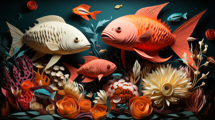 Colorful Cartoon Fish Set: Underwater Aquarium Life Illustration in Tropical Seamless Vector Art - Cute Marine Animals in Goldfish Nature Scene, generative AI