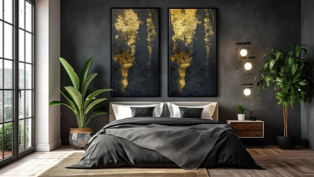 real photo of a bedroom interior with big black painting poster. seamless looping overlay 4k virtual video animation background 