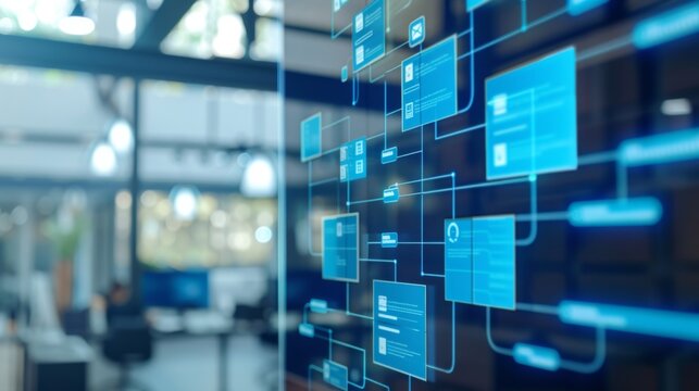 Workflow automation system with data diagram of the hierarchical structure of departments in business organization. digital transformation. Business workflow process management concept.