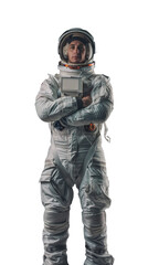 Isolated, transparent, no background, Unbelievable Beautiful Proud Male Astronaut in Gray Space Suit on Isolated Background, Full Body Pose Straight to Camera