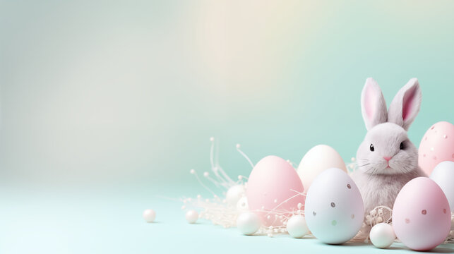 A Cute bunny with Pastel Easter eggs in pastel color theme background, Easter festival and holiday background