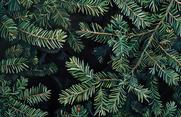 Beautiful Christmas Background with green fir tree brunch close up. Copy space, trendy moody dark toned design for seasonal quotes. Vintage December wallpaper. Natural winter holiday forest backdrop A