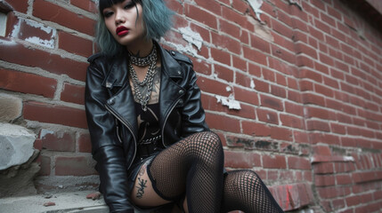 Fototapeta na wymiar Step into the punk scene with a statement leather jacket ripped fishnet stockings and a graphic mini skirt. Add a chunky chain necklace and combat boots for a rebellious and