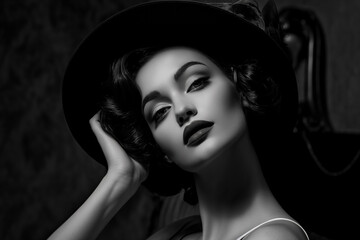 cinematic monochrome film portrait of a brunette white woman Instagram model, with a old Hollywood glamours fashion style.