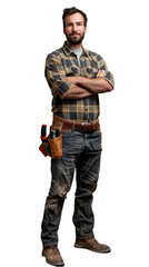 Isolated, transparent, no background, Skilled Male Carpenter in Gray Background Full Body Pose with Hammer and Toolbelt - Professional Craftsman Worker with Masculine Strong Look