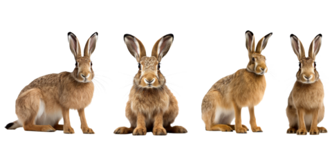 Studio portrait of cute rabbit isolated on transparent png background, happy bunny running on floor, adorable fluffy rabbit that sniffing.