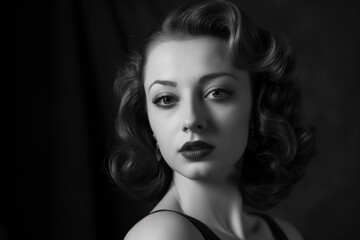 Fototapeta premium cinematic monochrome film portrait of a brunette white woman Instagram model, with a old Hollywood glamours fashion style.