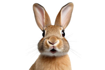 Studio portrait of cute rabbit isolated on transparent png background, happy bunny running on floor, adorable fluffy rabbit that sniffing.