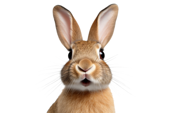 Studio portrait of cute rabbit isolated on transparent png background, happy bunny running on floor, adorable fluffy rabbit that sniffing.