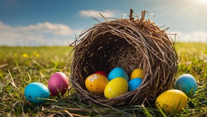 colorful painted easter eggs in a nest