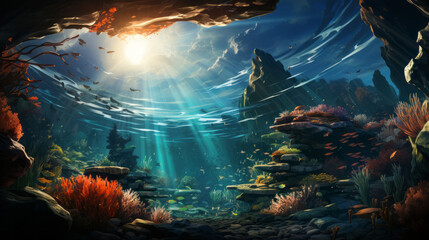 Discover the mesmerizing world beneath the waves with vibrant coral reefs and exotic marine life in a stunning underwater sea adventure, generative AI