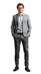 Isolated, transparent, no background, Confident Male Consultant in Elegant Gray Suit Full Body Pose on Transparent Background Smiling with Success and Leadership Vibes