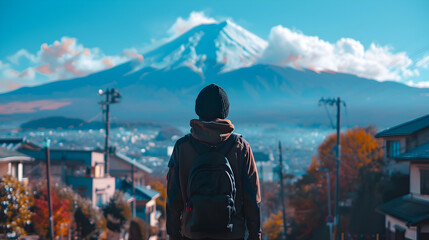Person Standing Near Mount Fuji with Backpack in Japanese Inspired Style